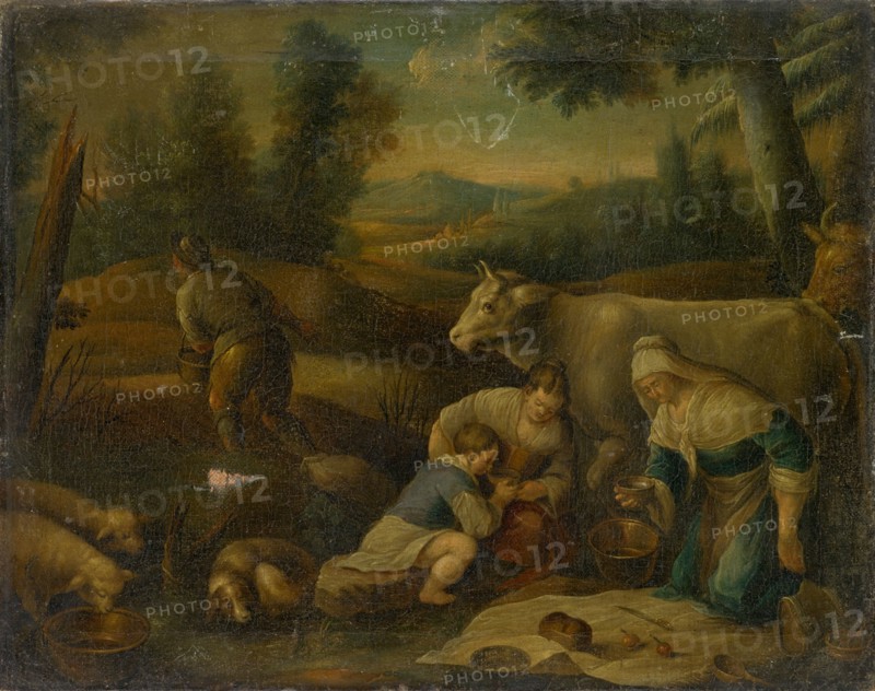 Sowing and snack in the field: Seasons image for fall or month image for October, beginning of the 17th century, oil on canvas, 37 x 47 cm, unmarked, Niederländischer Meister, 17. Jh.