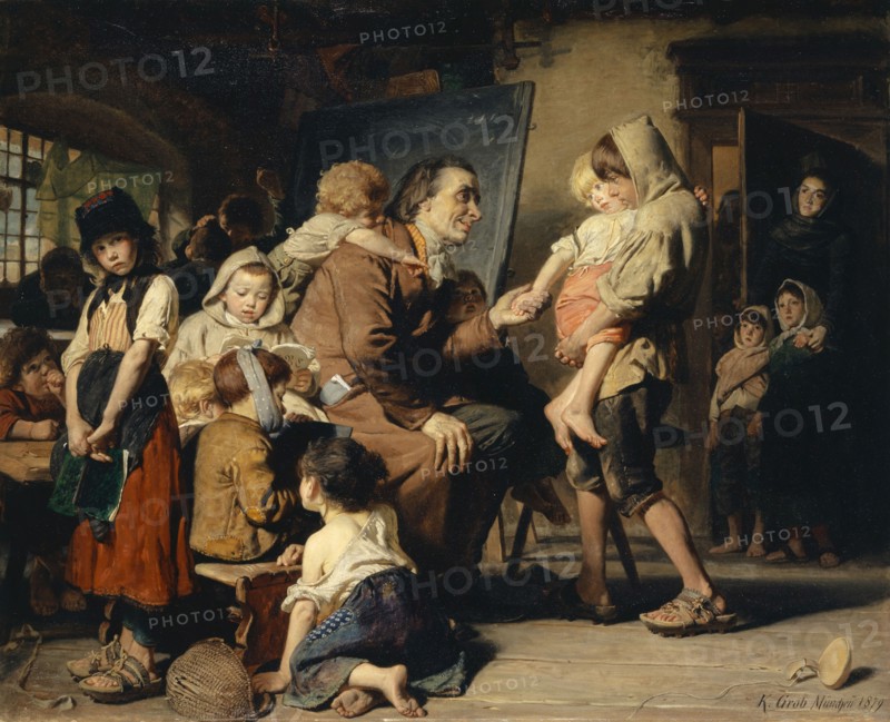Pestalozzi with the orphans of Stans, 1879, oil on canvas, 121 x 146 cm, signed and dated lower right: K. Grob München 1879, Konrad Grob, Andelfingen/Zürich 1828–1904 München