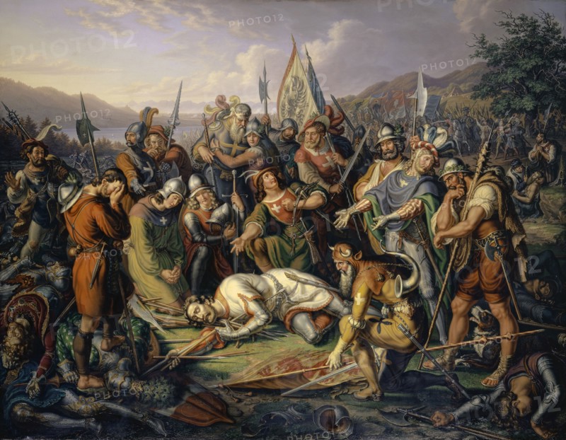 The confederates of the body of Winkelried, 1841, oil on canvas, 134 x 158 cm, signed and dated lower right: L. Vogel., 1841, Ludwig Vogel, Zürich 1788–1879 Zürich