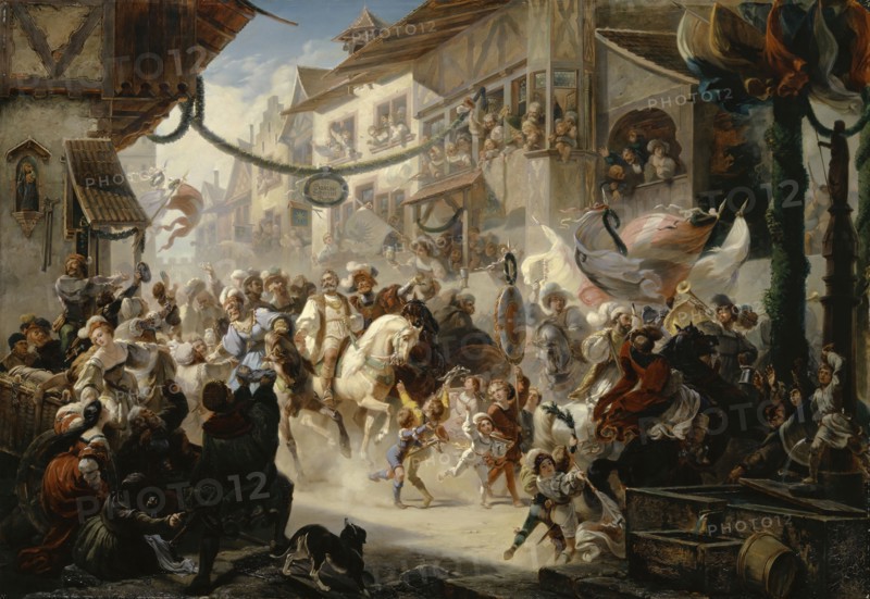 The entry of the Swiss ambassadors in Basel, 1855, oil on canvas, 118 x 170 cm, signed and dated lower right: Alb., Landerer 1855, Albert Landerer, Basel 1816–1893 Barbizon
