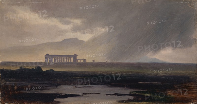 The Temples of Paestum in the Rain, 1839 or 1842, oil on paper on canvas, 13.1 x 24.6 cm, Not specified, Johann Jakob Frey, Basel 1813–1865 Frascati