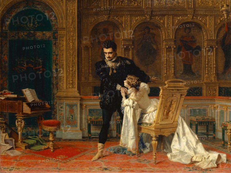 Scene from Schiller's Fiesco (Act IV, Scene 14), 1879, oil on canvas, 74.1 x 95.5 cm, monogrammed lower left on file: CAB., [AB ligated and included in C], signed and dated on the back of the canvas in black color: ABarzaghi-Cattaneo, Milano Gennaio 18/1879., Antonio Barzaghi-Cattaneo, Lugano 1834–1922 Lugano-Paradiso