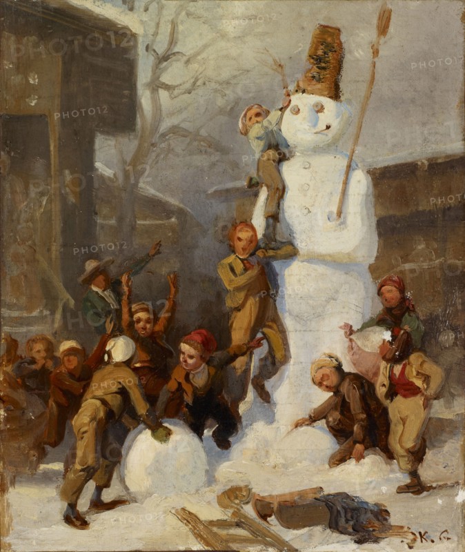 The Snowman, oil on canvas on cardboard, 23 x 19 cm, monogrammed lower right: K. G, Karl Girardet, Le Locle/Neuenburg 1813–1871 Paris