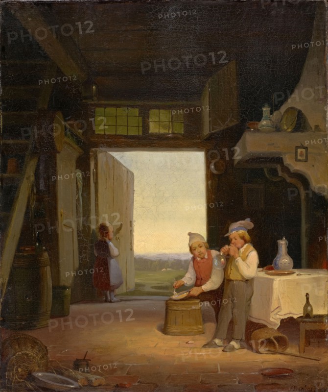 Children play soap bubbles in the hallway, oil on canvas, 33 x 27.5 cm, signed lower right: Veerhas f., Jan Verhas, Termonde 1834–1896 bei Brüssel