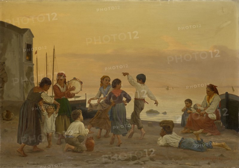 Saltarello dancing children on the beach of Capri, 1873, oil on canvas, 44 x 63 cm, signed, inscribed and dated lower right: A. Weckesser., Capri., 1873, August Weckesser, Winterthur 1821–1899 Rom