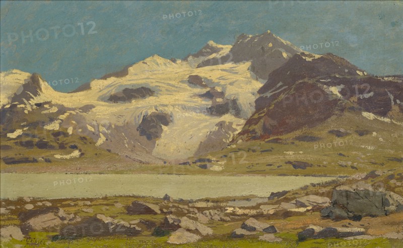 Alpine landscape with lake, oil on board, 17 x 27.5 cm, signed lower left: J. Geisser., Joseph Geisser, Altstätten/St. Gallen 1824–1894 Lausanne