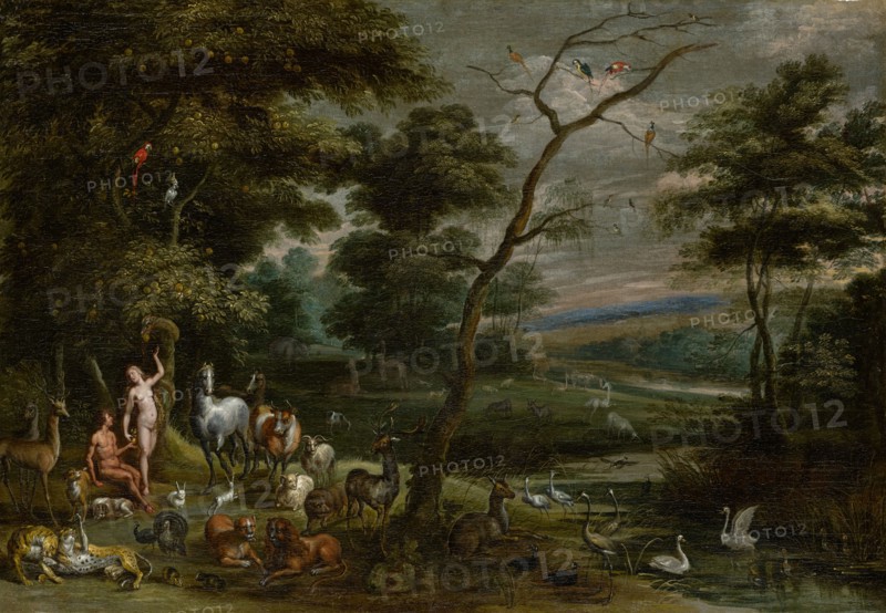 Adam and Eve in Paradise, 17th c., Oil on canvas, 64.5 x 93 cm, unmarked, Jan Brueghel d. Ä., (Nachahmer / imitator), Brüssel 1568–1625 Antwerpen