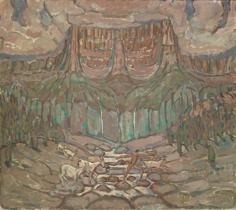 Herdsman and herd crossing a mountain stream, 1914/1918, tempera on canvas, 87 x 98 cm, unmarked, Carl Burckhardt, Lindau/Zürich 1878–1923 Ligornetto/Tessin