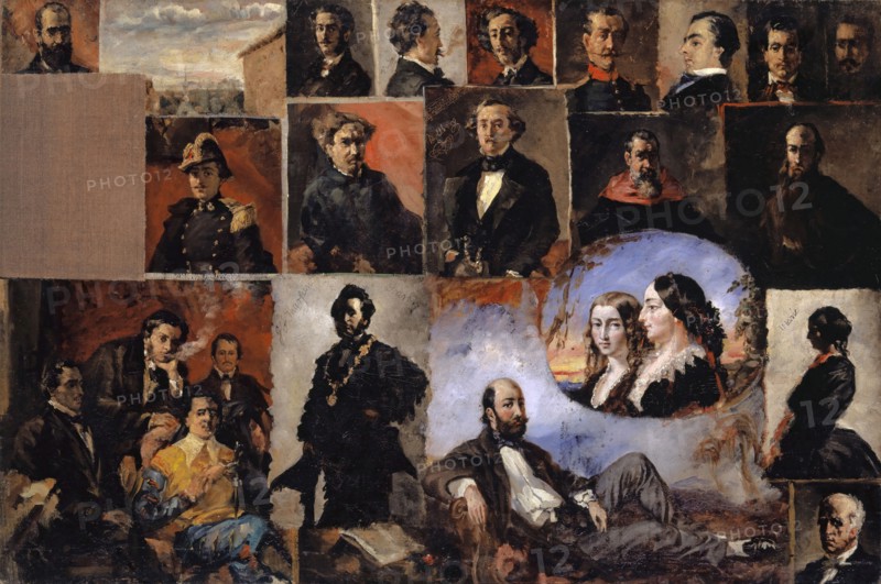 Friends of Buchser in England and Spain, c. 1853/54, oil on canvas, mounted on cardboard, 75 x 112 cm, On the Self-Portrait (top row, fourth picture from left) signed lower left (incised in the layer of paint): F. Buchser, further inscriptions in some of the pictures, Frank Buchser, Feldbrunnen/Solothurn 1828–1890 Feldbrunnen/Solothurn