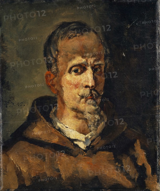 Half-length portrait of a Capuchin, depicting a photograph of Oberli von Solothurn in the Mönchshabit, 1863-1865, oil on canvas, 57.5 x 48 cm, monogrammed and dated in the middle left: F.B., 55th, Frank Buchser, Feldbrunnen/Solothurn 1828–1890 Feldbrunnen/Solothurn