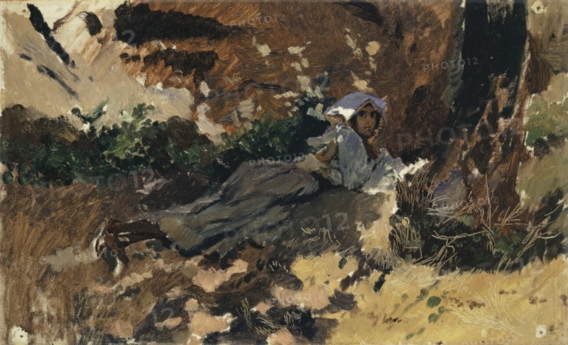Girl lying in the woods, oil on canvas, 32.5 x 53.5 cm, unsigned, Frank Buchser, Feldbrunnen/Solothurn 1828–1890 Feldbrunnen/Solothurn