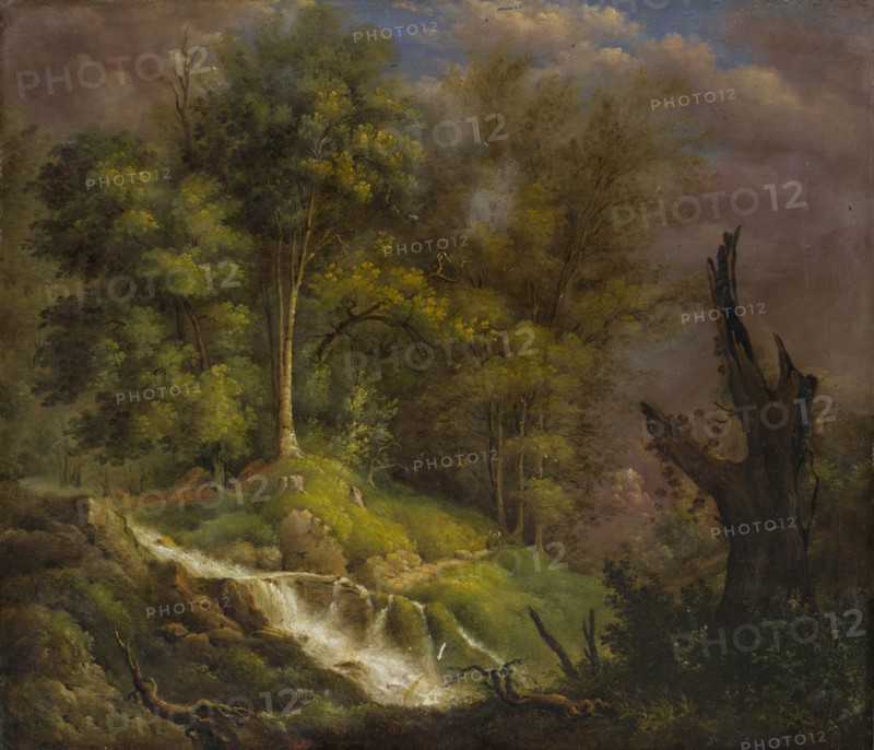 Forest landscape with waterfall, 1825, oil on zinc sheet, 50.7 x 44 cm, signed and dated on the back: Isaac Fürstenberger, 1825., Isaak Fürstenberger, Basel 1799–1828 Gsteig b. Interlaken