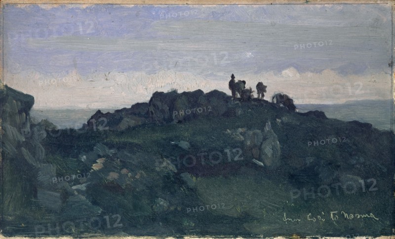 Rocky landscape by the sea with herdsman and cows between Cori and Norma, oil on panel, 14.5 x 24.5 cm, inscribed lower right (incised in the paint layer): from Cori to Norma, Frank Buchser, Feldbrunnen/Solothurn 1828–1890 Feldbrunnen/Solothurn