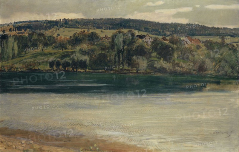 The Rhine near Stein (Rheinufer, Abendstimmung), 1895, oil on canvas, 96 x 148 cm, signed and dated lower right: Hans Sandreuter 95, Hans Sandreuter, Basel 1850–1901 Riehen