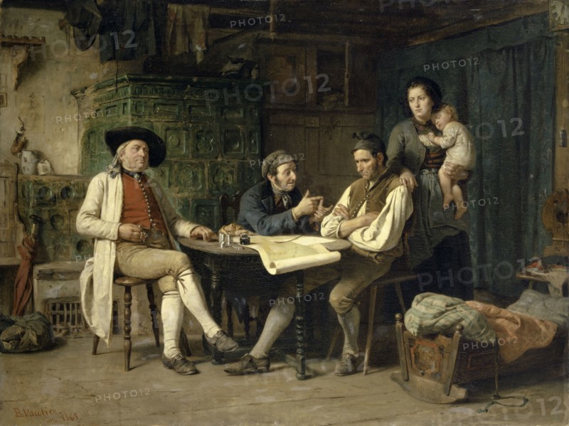 The Guilty Farmer, 1865, oil on canvas, 77.5 x 102.5 cm, signed, inscribed and dated lower left: B.Vautier., Dsf., 1865th, Benjamin Vautier d. Ä., Morges/Waadt 1829–1898 Düsseldorf