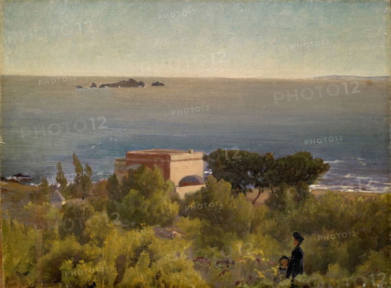 Villa at the seashore, oil on canvas, 30 x 40 cm, signed lower left: pinx E. Stückelberg, Ernst Stückelberg, Basel 1831–1903 Basel
