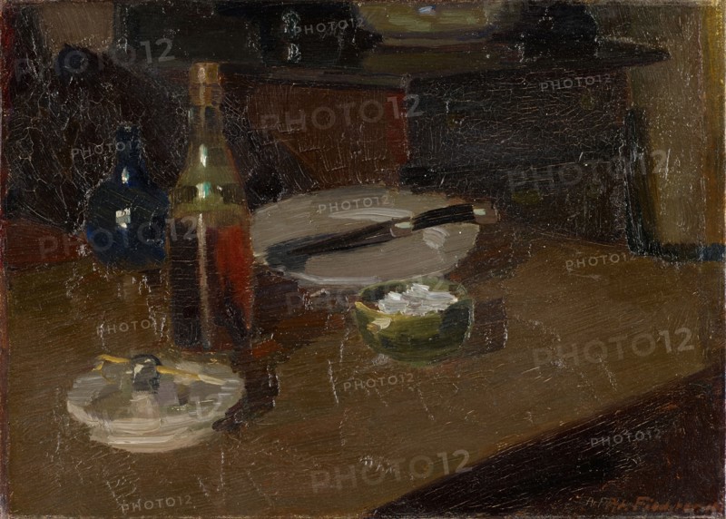 Still Life with Plate and Bottle, 1910, oil on canvas, 25 x 34 cm, signed and dated lower right: A. Fiechter 10., Arnold Fiechter, Sissach/Baselland 1879–1943 Basel