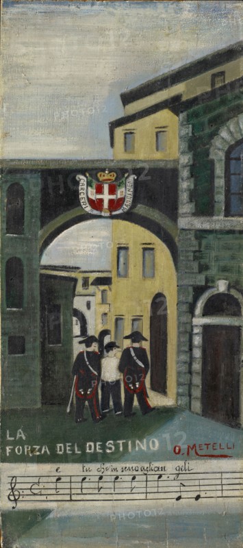 La forza del destino, oil, plywood, 37.5 x 16.5 cm, Inscribed and signed on the front: Carceri mandameni [?] La, FORZA DEL DESTINO [Note notation], e tu che in seno anglian geli, O., METELLI, Orneore Metelli, Terni 1872–1938 Terni