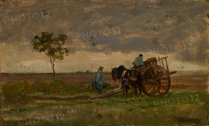 Wide landscape with farm carts, oil on oak wood, 14 x 23.1 cm, signed lower right: Daubigny, Charles-François Daubigny, Paris 1817–1878 Paris