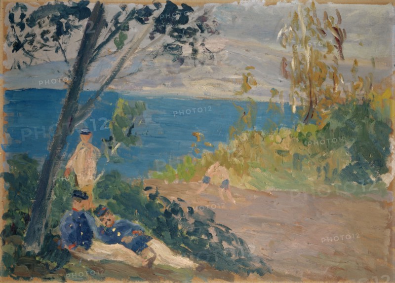 Siesta of the frontier guards on the seashore, oil on board, 47.5 x 63 cm, unmarked, Ernst Schiess, Basel 1872–1919 Valencia