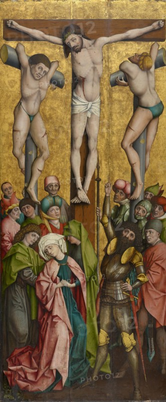 The Crucifixion of Christ, c. 1460, mixed media on firewood laminated with canvas, 215.5 x 90 cm, unmarked, Salzburger Meister, 15. Jh., (?)