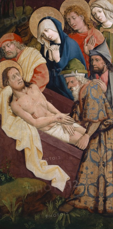 The Entombment of Christ, c. 1450, mixed technique on spruce wood laminated with canvas, 100.5 x 50 cm, unmarked, Meister von Schloss Lichtenstein, tätig um 1440/50 in Wien