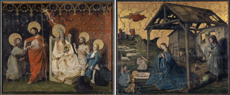 The unbelieving Thomas and Christ and Mary interceding before God the Father (outside), The Nativity (inside), around 1445-1450, mixed technique on softwood, on the gold-ground side covered with canvas, 135 x 165 cm (outside) |, 136 x 165 cm (inside), Not marked, Konrad Witz, (Werkstatt / workshop), Rottweil um 1400 – um 1445/47