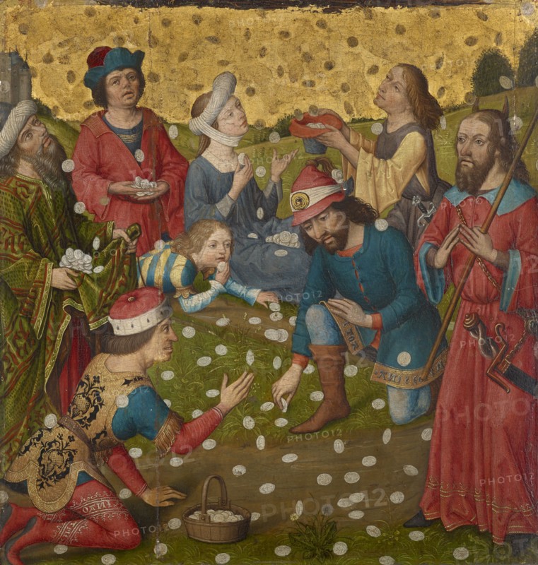 The Mannalese (inside), Rapport of stars and monogram IM [Jesus, Maria] in gold on a red background (outside), mixed technique on oak wood, 32 x 30.5 cm, unmarked., Decorative letter combinations on the robes, Niederländischer Meister, 15. Jh., (?)