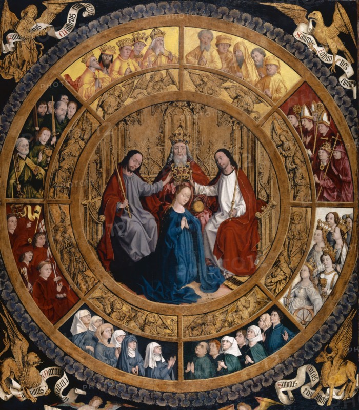 The Coronation of Mary in the Circle of Angels and Saints, c. 1470, mixed technique on spruce, covered with canvas, 127 x 111.3 cm, not marked, Augsburger Meister, 15. Jh.