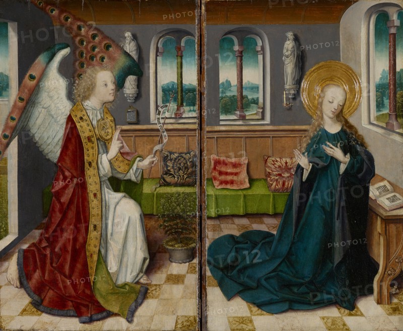 The Annunciation, c. 1490, mixed media on oak, 43.5 x 26 cm (per panel), Kölner Meister, 15. Jh.