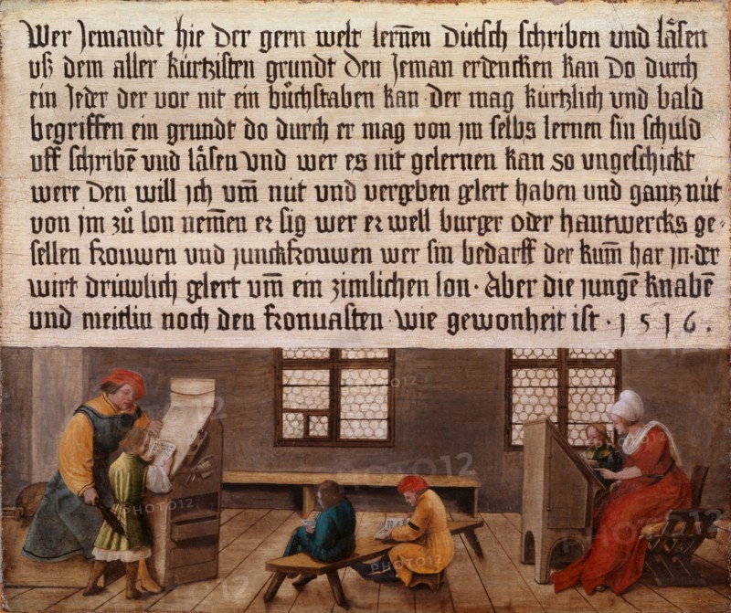 Signboard of a schoolmaster (children's page), 1516, mixed technique on spruce, 55.3 x 65.5 cm, Not marked, but dated in the text box: Whoever likes to learn the world [...] dubiously write and read, write the Jeman for the sake of all the basics, can do by, anyone who can not bother before nit can • quickly and quickly, understand a reason do through he likes to learn from Himself sin blame, uff writing and reading and who can not learn it so awkward, were, that I want to have liberated for the sake of [and] forgot and forgive, and from jm zuo lon lem [m] he sig who he is well burger or handwritten gulls frouwen and junklfrouwen who sin needs the kum [m] har jn, • he, she is drollly licked around a miserable lon • But the young boy [and] meitlin still the fronvasten • how gewonheit is • 1516., Ambrosius Holbein, Augsburg um 1494 – um 1519 Basel (?)