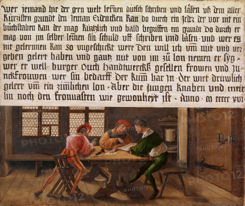 Sign of a schoolmaster (adult side), 1516, mixed technique on spruce, 55.3 x 65.5 cm, Not marked, but dated in the text box: who someone likes to learn the world scholarly [...] and read the all, kurzisten grundt the jeman, Erdencken can do so by anyone who can not nit a, buochstaben the may like and soon understands a reason do through him, her in the self-learning [n] sin blame uff rub and read • and who can, n learn kan so awkward, I would have lured him to death and to give and give, and to give of all in the world to him, he, she, well, burger, ouch, hand-to-hand, and fugen, and fawns, m] har jn • he, she is humbled, murmured for a mime [m] a lon * but the boys boy and mlin, lin still the fronuasten like gewonheyt is • Anno • m ccccc xvi •, Hans Holbein d. J., Augsburg um 1497/98–1543 London