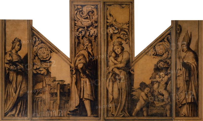 Empress Kunigunde and Emperor Heinrich II in front of the Münster choir (left wing), Madonna with child, angels playing music and St., Pantalus (right wing), around 1525/26 or 1528, paint on canvas, 282.5 x 455 x 5.5 cm |, 244 x 62 x 5.5 cm (Kunigunde) |, 225/142, 282.5 x 165 x 5.5 (Münster and Heinrich) |, 282.5, 142.5, 224.5 x 165 x 5.5 (Madonna) |, 243.5 x 62.5 x 5.5 cm (Pantalus), Not specified., On the music sheet of the Angel Sputums: QUAM, PVLCHRA ES AMICA (Sd. 4.1), Hans Holbein d. J., Augsburg um 1497/98–1543 London