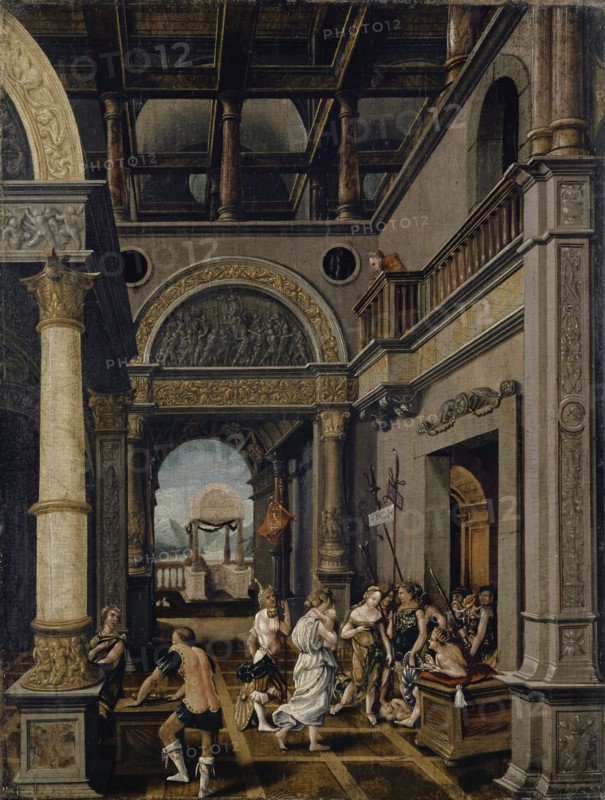The judgment of Solomon, mixed technique on hardwood (probably lime tree), 59 x 44.6 cm, inscribed on the flags: TROI, AI, -, IL, SPQE, Conrad Schnitt (Conrad Apotheker gen. Schnitt), tätig um 1519–1541