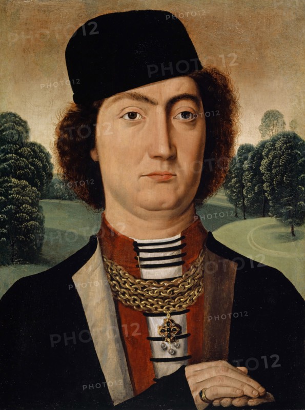 Portrait of James of Savoy, Count of Romont (front), Complete Coat of arms of Jacob of Savoy, held by two lions in front of black ground (back), c. 1475, mixed technique on oak, 34 x 24.5 cm, unmarked., Above and below the back coat of arms: Jaques • de • Savoy, Conte • de • Romont, Niederländischer Meister, 15. Jh., Hans Memling, (Kopie nach / copy after), Seligenstadt um 1440–1494 Brügge