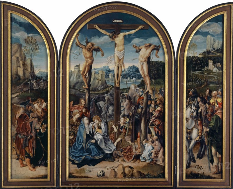 The Crucifixion of Christ, c. 1520-1530, oil on oak, 80 x 46 cm (center panel) |, 77.4 x 18.8 cm (wing), Not specified, Cornelis Engebrechtsz, (und Werkstatt / and workshop), Leiden um 1460/65 – 1527 Leiden