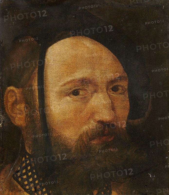 Head of a bearded man with beret, oil on paper, mounted on panel, 19.5 x 17.5 cm, unsigned, Schweizerischer Meister, 16. Jh.