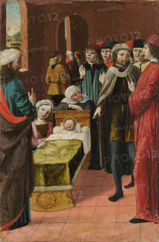 The bee miracle of St., Ambrosius, Mixed media on poplar wood, 32.1 x 21.1 cm, Not specified, Bergognone, eigentl. Ambrogio di Stefano da Fossano, tätig 1481/1522 in der Lombardei