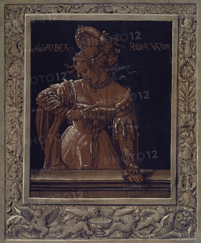 Lucretia, 1517, mixed technique on fir or spruce (?) Wood, 32.4 x 26.6 cm (above 26.9), dated upper left in the painted frame: 1517. Upper right:, SPQR [Senatus populusque romanus], the figure indicates: LVCRETIA ROMANA [partially ligated], Niklaus Manuel gen. Deutsch, Bern um 1484–1530 Bern