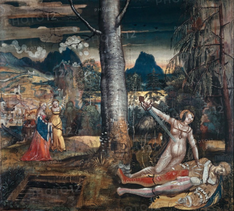 Pyramus and Thisbe, around 1513/14, mixed technique on canvas (small linen painting), 151.5 x 161 cm, monogrammed on a tree trunk: NM • D • with lying dagger., The figures indicate: TISPE, PIRAMVS (later incorrectly painted over in PRIAMVS), on the left thigh of the pyramid: E B, Niklaus Manuel gen. Deutsch, Bern um 1484–1530 Bern