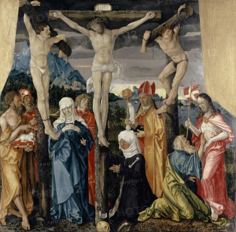 Crucifixion of Christ with thieves, saints and benefactresses, 1512, mixed technique on lime wood covered with canvas, 138 x 140.5 cm, Signed and dated on the scroll on the cross trunk: • BALDVNG, monogrammed below: • HBG • 1512. Also crosstitulus, Hans Baldung gen. Grien, Schwäbisch Gmünd (?) 1484/85–1545 Strassburg