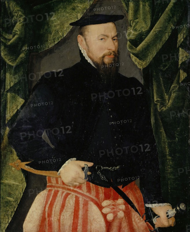 Portrait of Melchior Hornlocher, 1577, oil on oakwood, 86 x 70 cm, inscribed on the reverse above the coat of arms: MELCHOR HORNLOCHER, CHATARINA ÆDERIN, SINS AGE IN 39 JAR VND IERS AGE IN • 32 • JAR., Dated and signed on the reverse underneath the coat of arms: M • D • LXXVII Johanneß bock, faciebatt •, Hans Bock d. Ä., Zabern/Elsass um 1550/52–1624 Basel