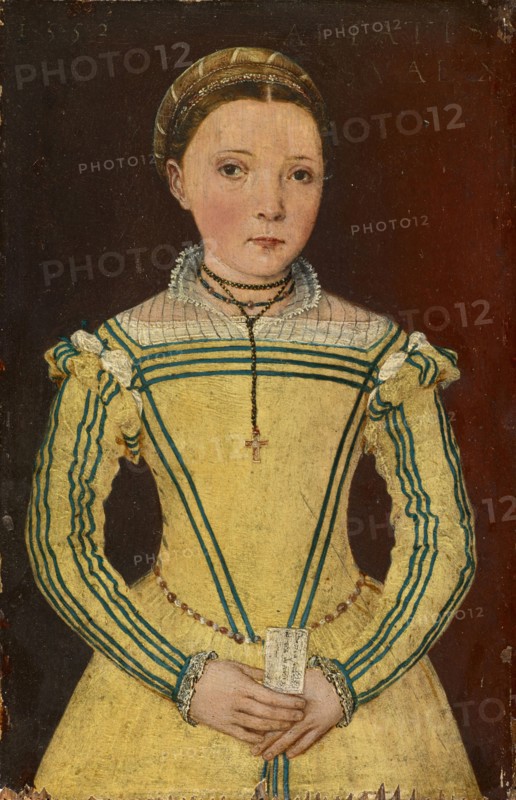Portrait of Dorothea Curio, the daughter of Professor Celio Secondo Curio, 1552, oil on fir wood, 22.5 x 14.5 cm, unsigned, but dated upper left: 1552, upper right: AETATIS, SVAE X., Also on the note in the girl's hand: Dorotea ..., Lucca, (?)
