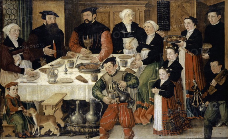 Portrait of the family of Hans Rudolf Faesch, 1559, mixed media on canvas, 127.5 x 207.5 cm, from the artist: Signed and dated: lower right: H KLVBER [the year below 1556 added later], at the top of the cabinet: 15 59. On the board, in the background the birth and death days of all family members (see transcription in the text), Hans Hug Kluber, Basel 1535/36–1578 Basel
