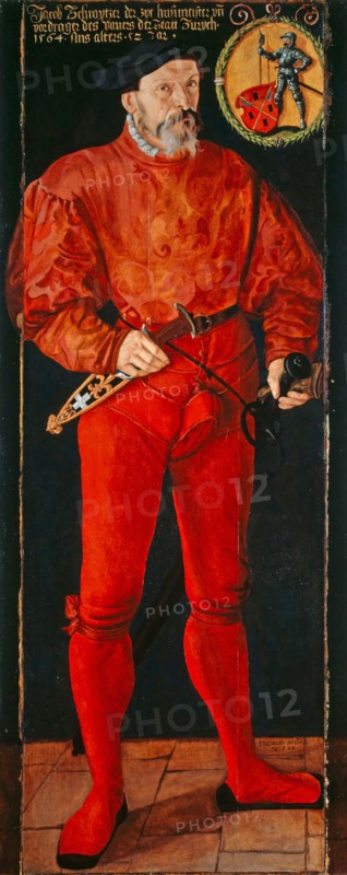 Portrait of Jacob Schwytzer, 1564, oil on linden wood, max., 193 x 66 cm, Signed and dated in the inscription below right: THOBIAS STYM [M] ER /, * 1564, above: Jacob Schwytzer the cyt hussmeister vn, precursor of the paner of the place Zurych ·, 1564 · sins age · 52 jar ·, ;, On the back: remnants of a rhyming Memento mori poem, Tobias Stimmer, Schaffhausen 1539–1584 Strassburg