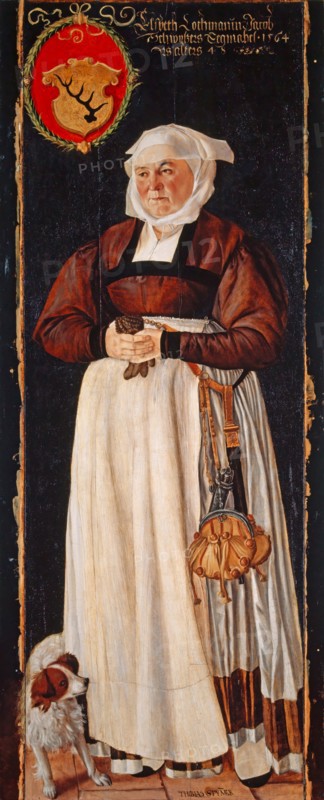 Portrait of Elsbeth Lochmann, wife of Jacob Schwytzer, 1564, oil on linden wood, max., 193.6 x 67.9 cm, Signed and dated in the inscriptions: bottom right: THOBIAS STYM [M] ER, above: Elsbeth Lochmanin Jacob, Schwytzers Eegmahel · 1564, Jrs alters 48, Tobias Stimmer, Schaffhausen 1539–1584 Strassburg