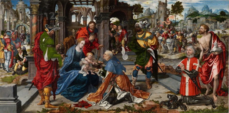 The Adoration of the Magi with the Founder Philippe de Villiers de l'Isle-Adam, c. 1530, oil on oak, 112.5 x 225.5 cm, unsigned., From the donor figure emanating inscription: O BONE IESV O IESV IESV DA MICHI VIRTVTVM [sic] CONTRA HOSTES TVOS ET MISERERE MEI, Noël Bellemare, tätig 1512–1546 Paris