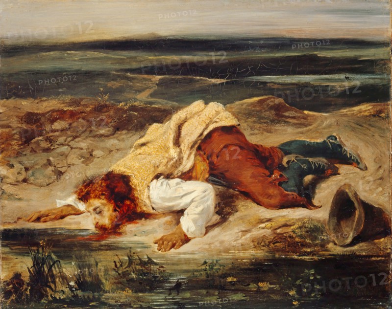 Brigand blessé (Pâtre romain), c. 1825, oil on canvas, 32.7 x 40.8 cm, signed lower right: Eug., Delacroix, Eugène Delacroix, Charenton-Saint-Maurice/Val-de-Marne 1798–1863 Champrosay bei Paris