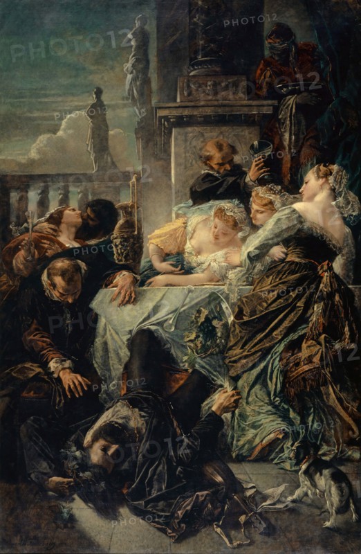 The Death of Pietro Aretino, 1854, oil on canvas, 267.5 x 176.5 cm, signed and dated lower left: Anselm Feuerbach., 1854, Anselm Feuerbach, Speyer 1829–1880 Venedig