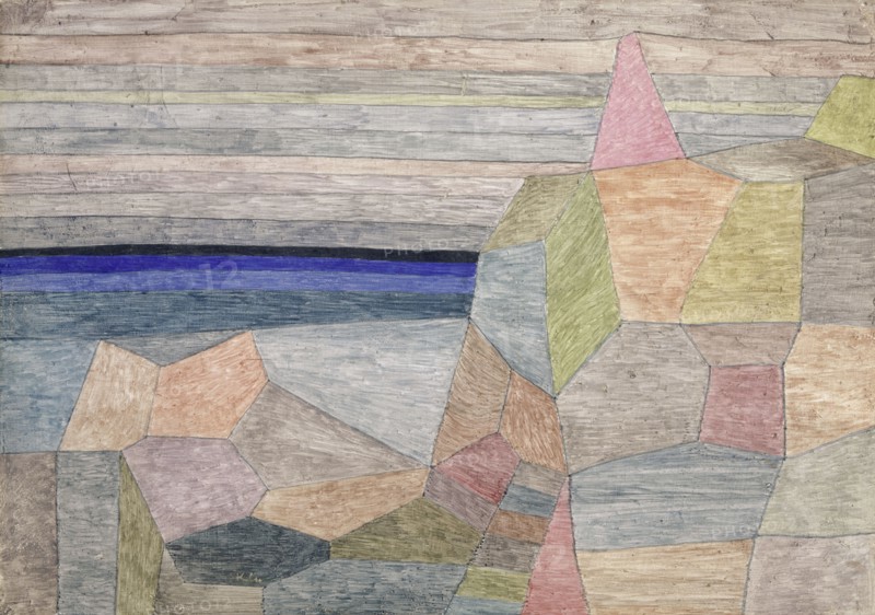 Promontorio Ph., 1933, 323 (B 3), watercolor on paste zinc-white primer on plywood, 27.5 x 39.5 cm, signed lower left: Klee, inscribed on the reverse: 1933 B 3 Promontorio Ph. Klee, Paul Klee, Münchenbuchsee/Bern 1879–1940 Muralto b. Locarno/Tessin